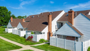 White apartment with a white picket fence, brick chimneys, and green grass